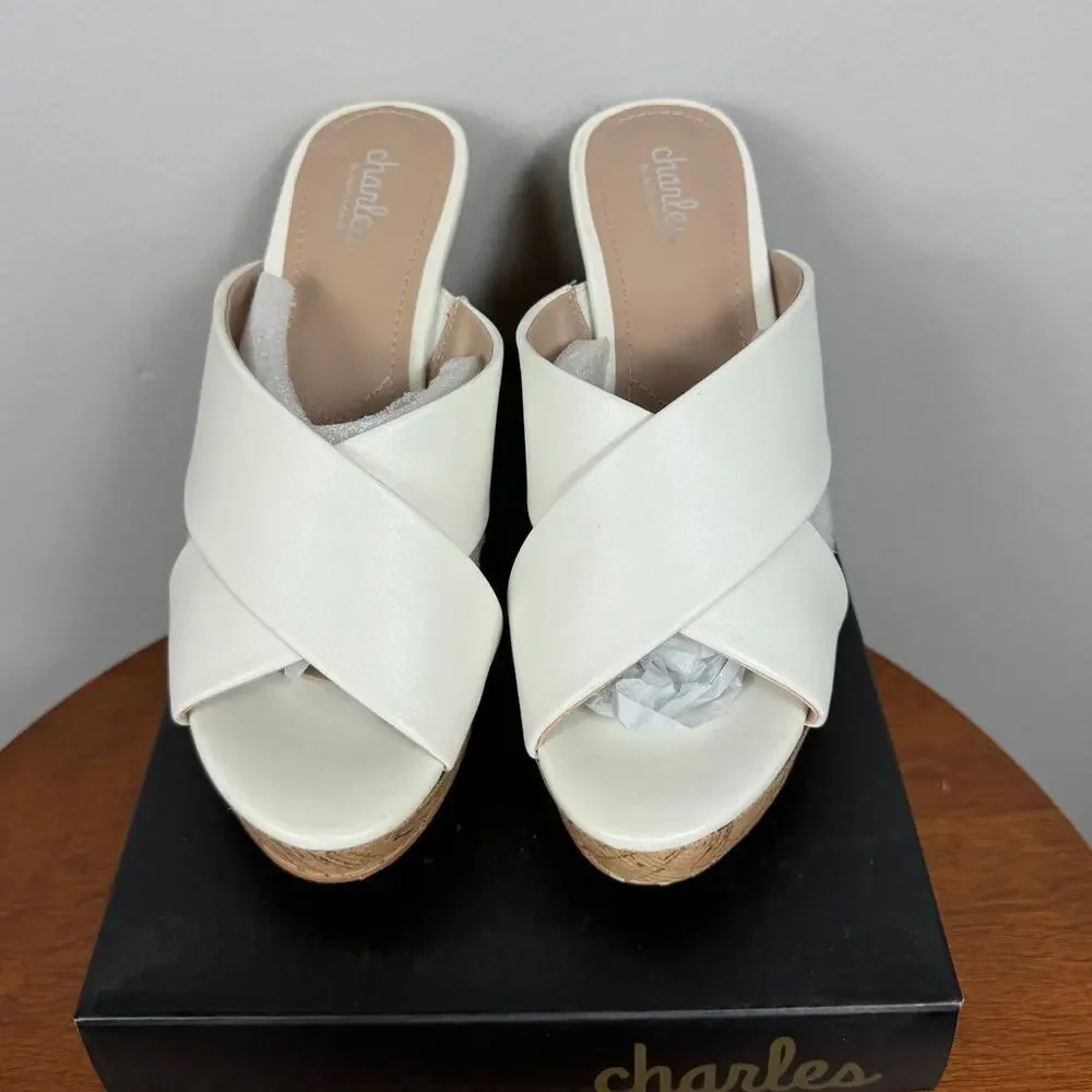 New Charles by Charles David Latrice Cork Wedge Sandal in White Women's Size 9